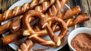 Freshly baked cinnamon sugar pretzel sticks on a parchment-lined baking sheet.