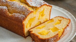 "A freshly baked Pineapple Paradise Loaf Cake with golden edges, topped with a dusting of powdered sugar and garnished with pineapple slices."

