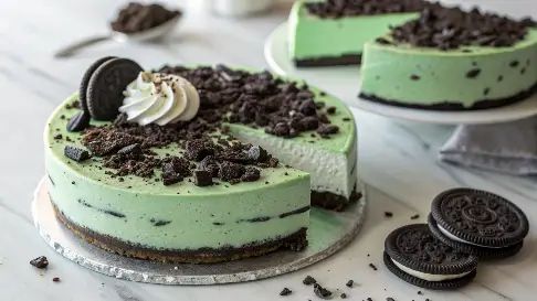 Green Velvet Oreo Cheesecake Delight with whipped cream and Oreo decorations on top, displayed on a white plate.