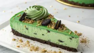 Green Velvet Oreo Cheesecake Delight with whipped cream and Oreo decorations on top, displayed on a white plate.

