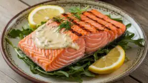 Grilled salmon fillet topped with a zesty lemon sauce, garnished with fresh herbs and lemon slices on a white plate.

