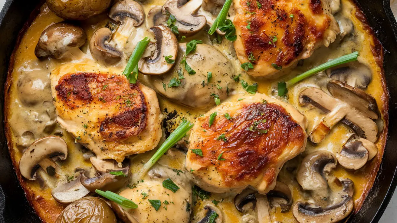 Creamy chicken mushroom skillet with tender chicken and rich garlic sauce served in a skillet.