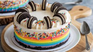 "A vibrant Rainbow Oreo Cheesecake Cake with colorful layers, topped with whipped cream and sprinkles, set on a white plate."

