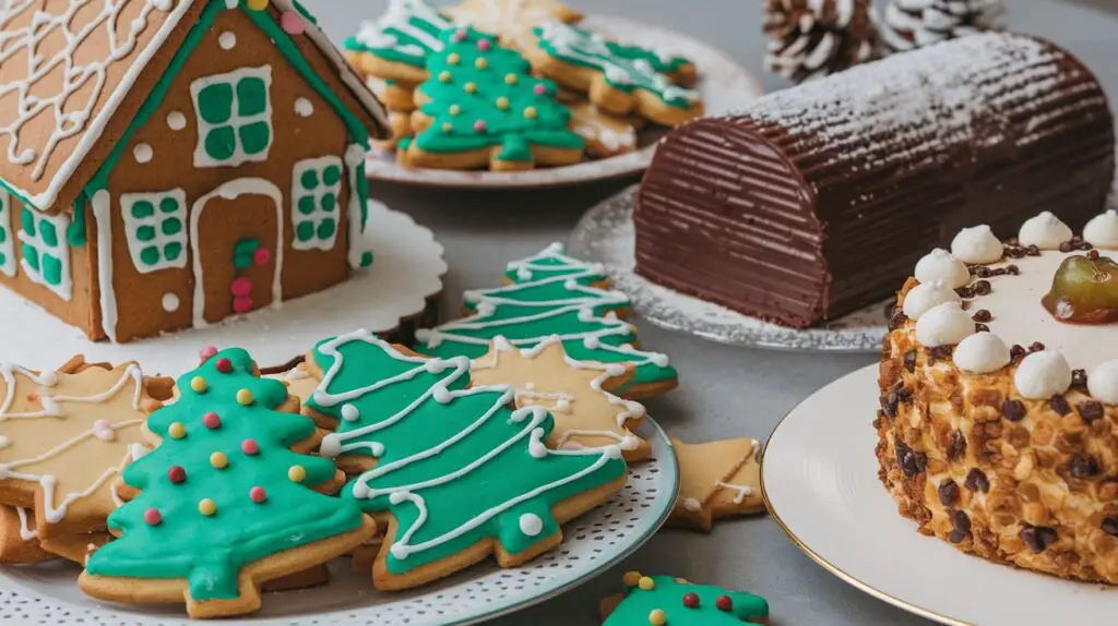 Holiday desserts including traditional sweets and modern twists like gingerbread tiramisu and pumpkin pie.