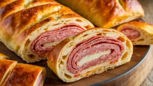 A freshly baked Savory Italian Stromboli with melted cheese, Italian meats, and a crispy golden crust, perfect for dinner or gatherings.

