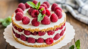 Layered Raspberry No-Bake Split Cake topped with whipped cream, fresh raspberries, and chocolate drizzle. 