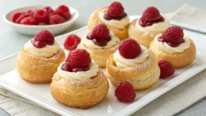 "Flaky raspberry cream cheese puff pastry served on a plate with powdered sugar."
