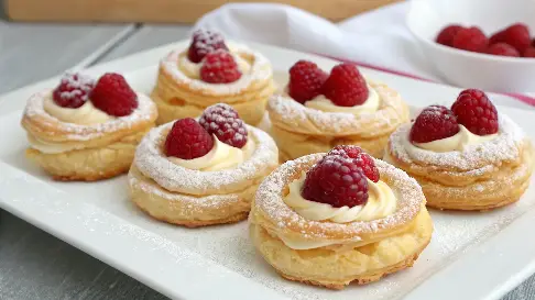 "Flaky raspberry cream cheese puff pastry served on a plate with powdered sugar."