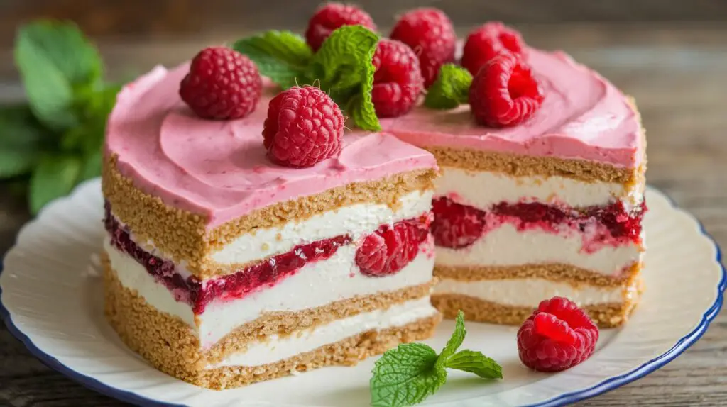 Layered Raspberry No-Bake Split Cake topped with whipped cream, fresh raspberries, and chocolate drizzle.