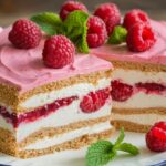 Layered Raspberry No-Bake Split Cake topped with whipped cream, fresh raspberries, and chocolate drizzle.