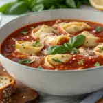 A bowl of savory tomato tortellini soup with cheese-filled tortellini in a creamy tomato broth, garnished with fresh basil.