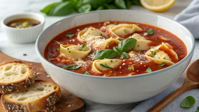 A bowl of savory tomato tortellini soup with cheese-filled tortellini in a creamy tomato broth, garnished with fresh basil.