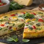 "A freshly baked savory vegetable frittata served in a cast-iron skillet with vibrant vegetables and herbs."