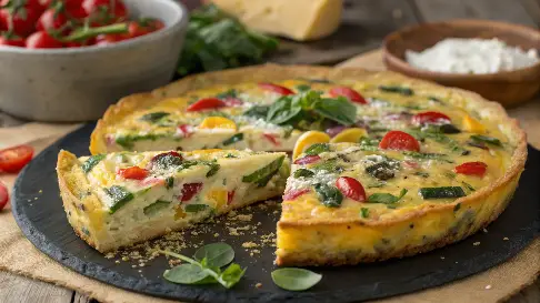 "A freshly baked savory vegetable frittata served in a cast-iron skillet with vibrant vegetables and herbs."