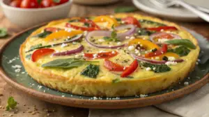 "A freshly baked savory vegetable frittata served in a cast-iron skillet with vibrant vegetables and herbs."

