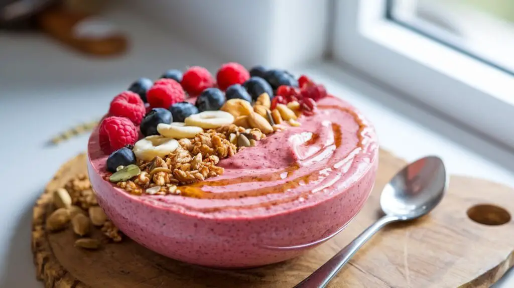 "Berry bliss smoothie bowl with fresh berries and granola"