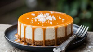 "Delicious salted caramel delight cheesecake topped with creamy caramel sauce." 