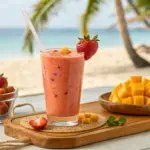 A vibrant glass of tropical strawberry mango smoothie garnished with fresh fruit slices and mint, placed on a wooden table.