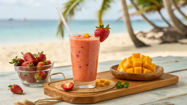 A vibrant glass of tropical strawberry mango smoothie garnished with fresh fruit slices and mint, placed on a wooden table.