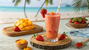 A vibrant glass of tropical strawberry mango smoothie garnished with fresh fruit slices and mint, placed on a wooden table.

