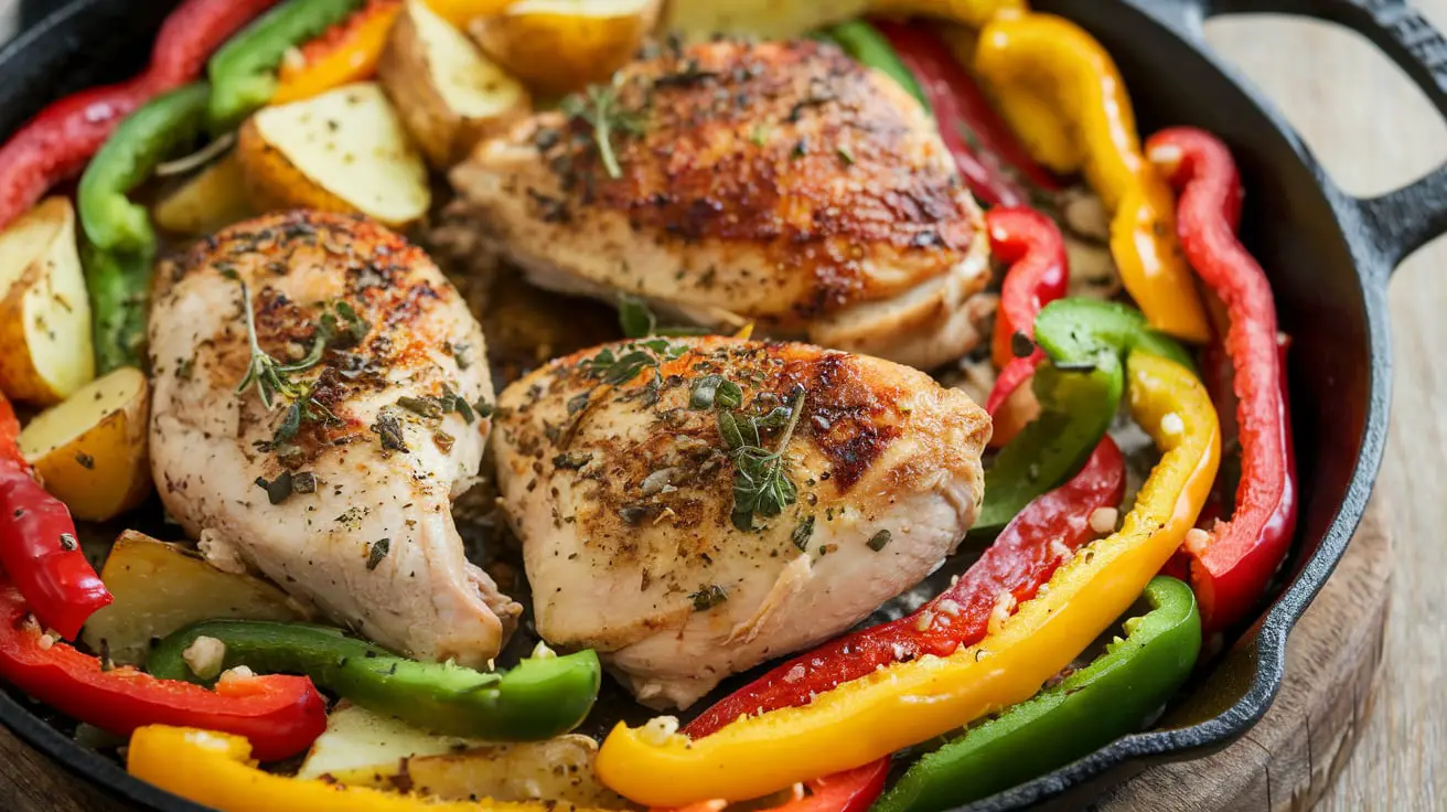 "Colorful assortment of one-pan dinners featuring roasted chicken, vegetables, and pasta, served in a skillet."