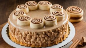 "Freshly baked Cinnabon Cinnamon Roll Cake with rich cinnamon swirls and a creamy glaze, served on a white plate."

