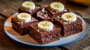 "Decadent chocolate-covered banana brownies sliced on a wooden board with glossy chocolate coating and banana slices on the side."

