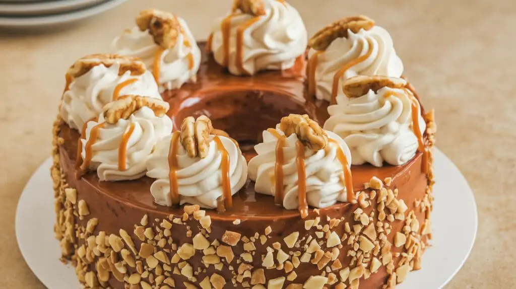 "Freshly baked Cinnabon Cinnamon Roll Cake with rich cinnamon swirls and a creamy glaze, served on a white plate."