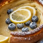 A fluffy and delicious Blueberry Lemon Dutch Baby topped with fresh blueberries and powdered sugar. Perfect for brunch or breakfast.