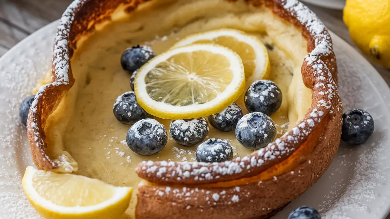 A fluffy and delicious Blueberry Lemon Dutch Baby topped with fresh blueberries and powdered sugar. Perfect for brunch or breakfast.