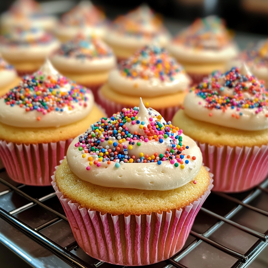 A batch of bakery-style cupcakes with swirled buttercream frosting, beautifully decorated with sprinkles on a rustic wooden table.