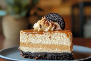 Caramel Reese’s Oreo Cheesecake topped with caramel sauce, chocolate ganache, and chopped Reese's Peanut Butter Cups.

