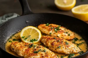 Chicken Piccata served with lemon sauce and capers, garnished with parsley on a plate.

