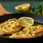 Chicken Piccata served with lemon sauce and capers, garnished with parsley on a plate.