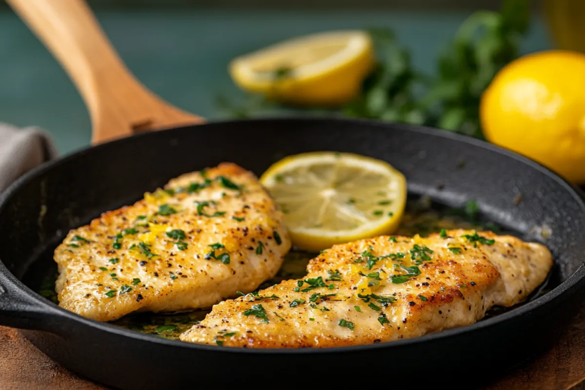 Chicken Piccata served with lemon sauce and capers, garnished with parsley on a plate.