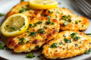 Chicken Piccata served with lemon sauce and capers, garnished with parsley on a plate.

