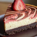 Decadent chocolate strawberry swirl cheesecake with fresh berries on top, served on a plate.