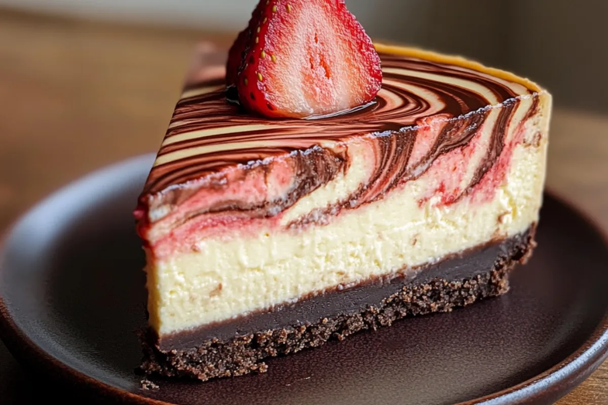 Decadent chocolate strawberry swirl cheesecake with fresh berries on top, served on a plate.