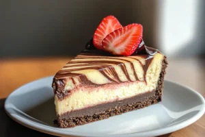 Decadent chocolate strawberry swirl cheesecake with fresh berries on top, served on a plate.