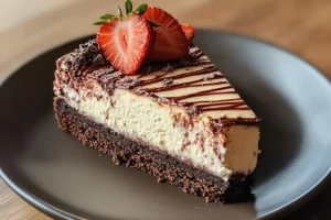 Decadent chocolate strawberry swirl cheesecake with fresh berries on top, served on a plate.