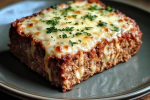 <Crockpot French onion meatloaf topped with melted Swiss cheese in a slow cooker. 