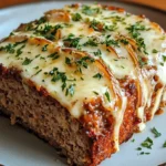 Crockpot French onion meatloaf topped with melted Swiss cheese in a slow cooker.