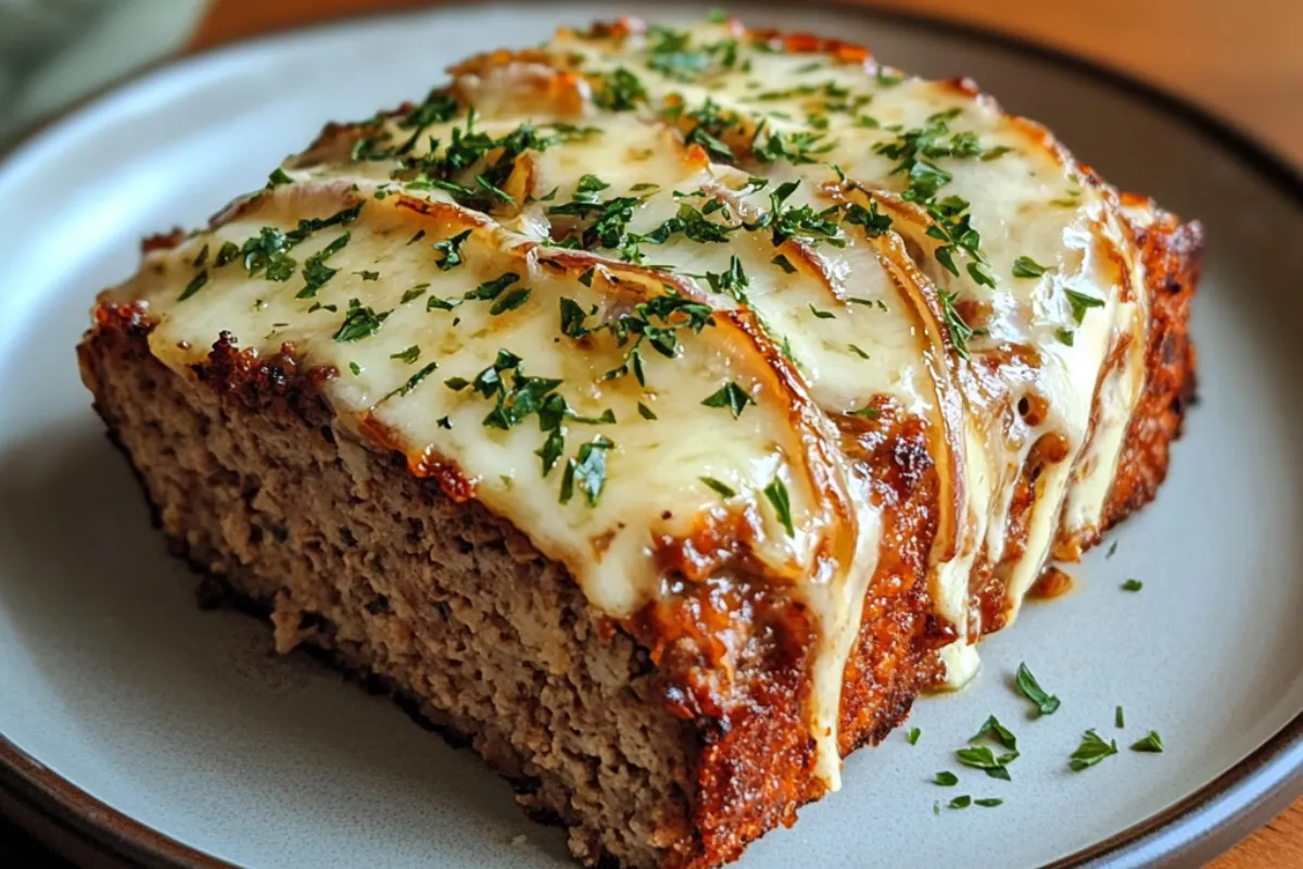 Crockpot French onion meatloaf topped with melted Swiss cheese in a slow cooker.