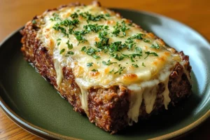 Crockpot French onion meatloaf topped with melted Swiss cheese in a slow cooker. 