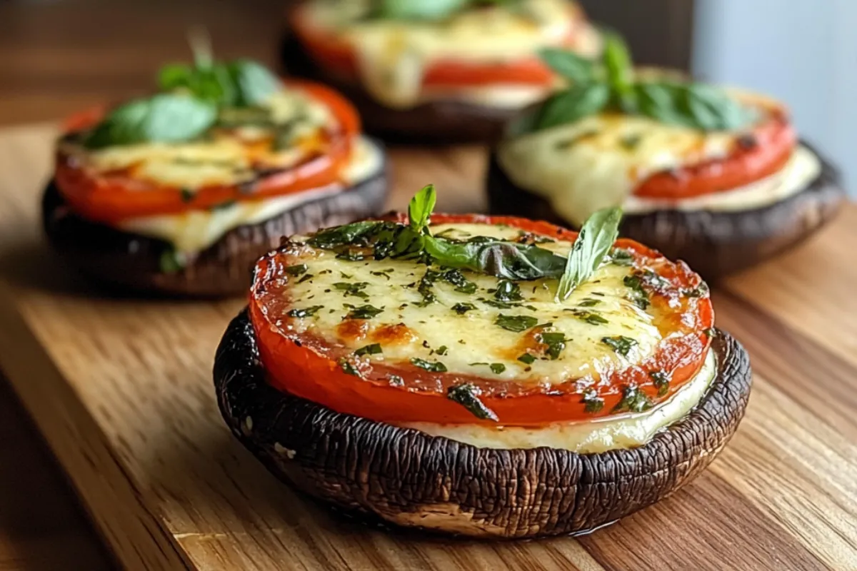 Caprese stuffed Portobello mushrooms with garlic butter, fresh mozzarella, tomatoes, and basil. A healthy and flavorful vegetarian dish.