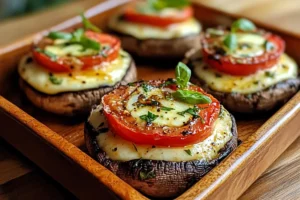 Caprese stuffed Portobello mushrooms with garlic butter, fresh mozzarella, tomatoes, and basil. A healthy and flavorful vegetarian dish.

