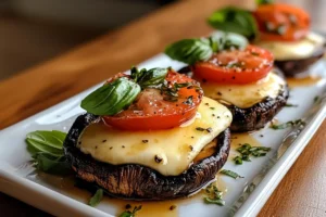 Caprese stuffed Portobello mushrooms with garlic butter, fresh mozzarella, tomatoes, and basil. A healthy and flavorful vegetarian dish.

