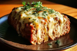 Juicy Crockpot French Onion Meatloaf with melted cheese and caramelized onions on top.