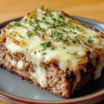 Juicy Crockpot French Onion Meatloaf with melted cheese and caramelized onions on top.