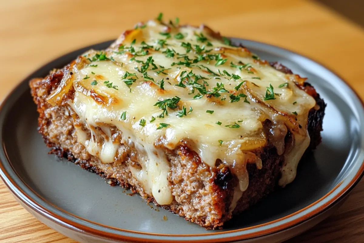 Juicy Crockpot French Onion Meatloaf with melted cheese and caramelized onions on top.